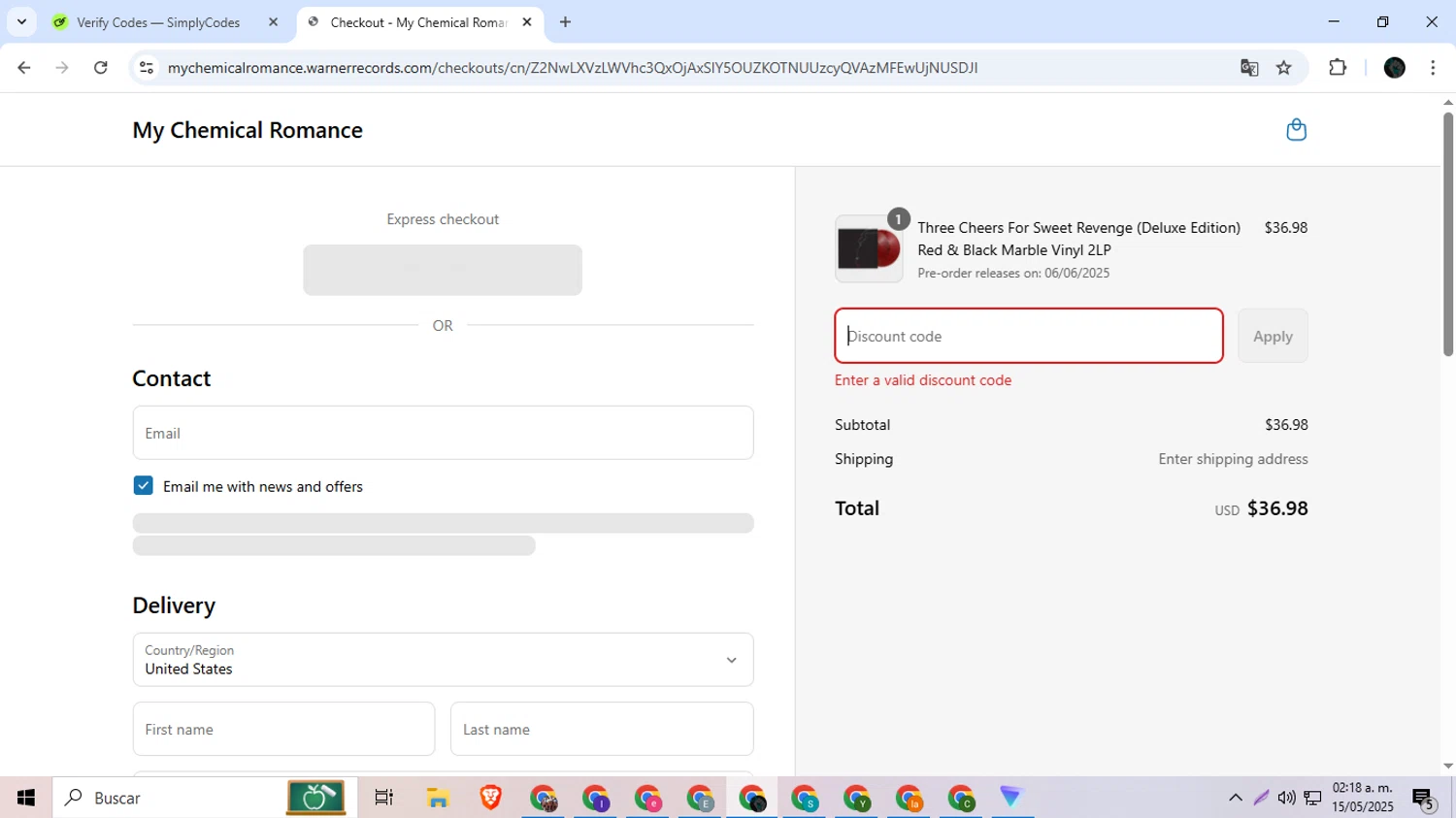 My Chemical Romance coupon code screenshot showing code IHEARTMCR applied at My Chemical Romance checkout page. Uploaded by SimplyCodes community member Ingeniero on May 15, 2025