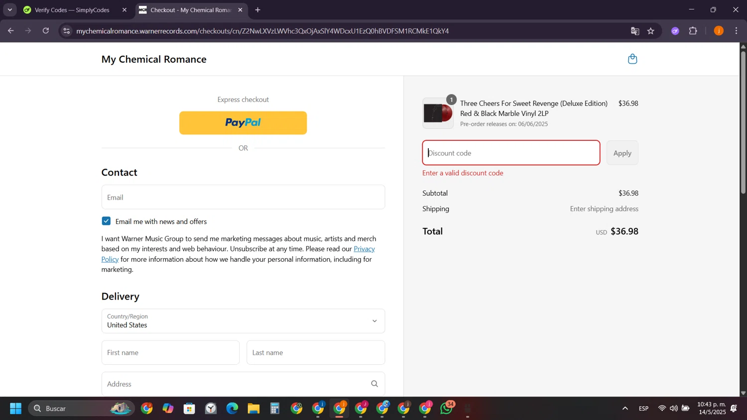 My Chemical Romance coupon code screenshot showing code IHEARTMCR applied at My Chemical Romance checkout page. Uploaded by SimplyCodes community member SilverSentinel5952 on May 15, 2025