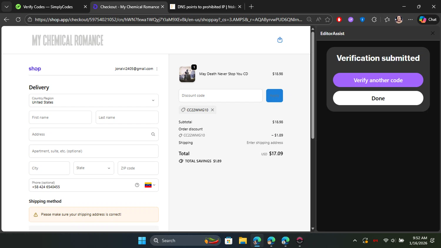 My Chemical Romance checkout page showing My Chemical Romance coupon code box | Screenshot taken by SimplyCodes community member on Jan 16, 2026