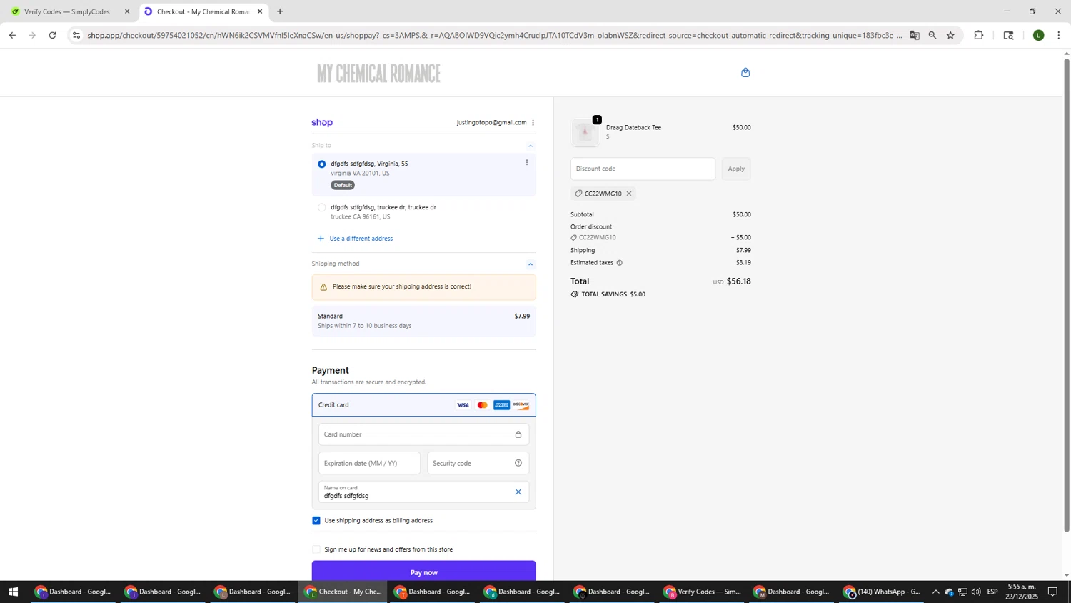 My Chemical Romance coupon code screenshot showing code CC22WMG10 applied at My Chemical Romance checkout page. Uploaded by SimplyCodes community member DUCATI on Dec 22, 2025