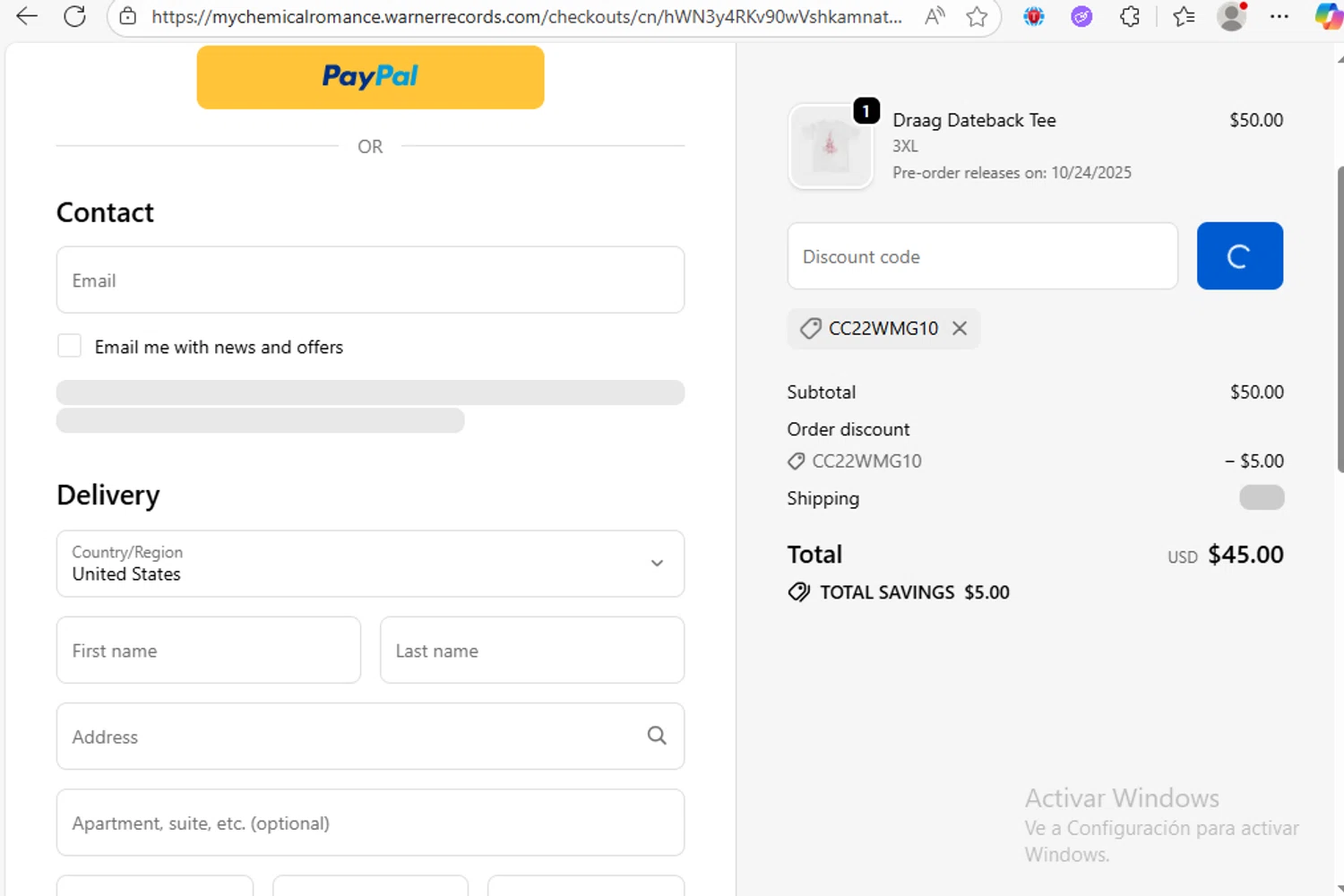 My Chemical Romance coupon code screenshot showing code CC22WMG10 applied at My Chemical Romance checkout page. Uploaded by SimplyCodes community member Franco20 on Oct 10, 2025