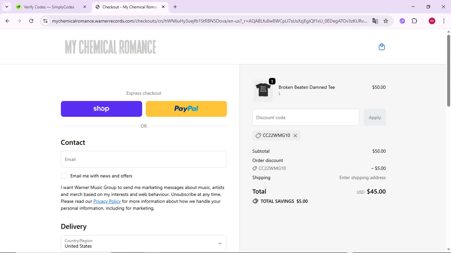 My Chemical Romance coupon code screenshot showing code CC22WMG10 applied at My Chemical Romance checkout page. Uploaded by SimplyCodes community member PrimeSage7080 on Dec 27, 2025