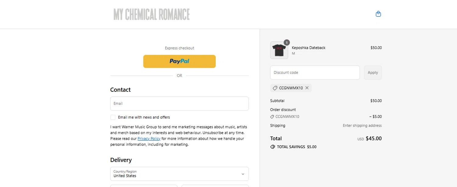 My Chemical Romance coupon code screenshot showing code CCGNWMX10 applied at My Chemical Romance checkout page. Uploaded by SimplyCodes community member ashe1986 on Sep 12, 2025
