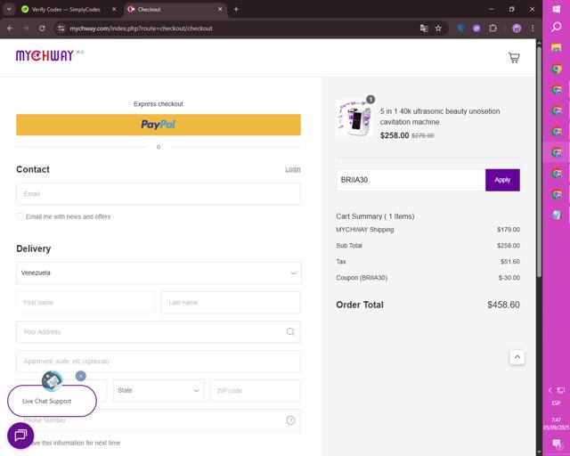 Mychway checkout page showing Mychway coupon code box | Screenshot taken by SimplyCodes community member on Sep 5, 2025