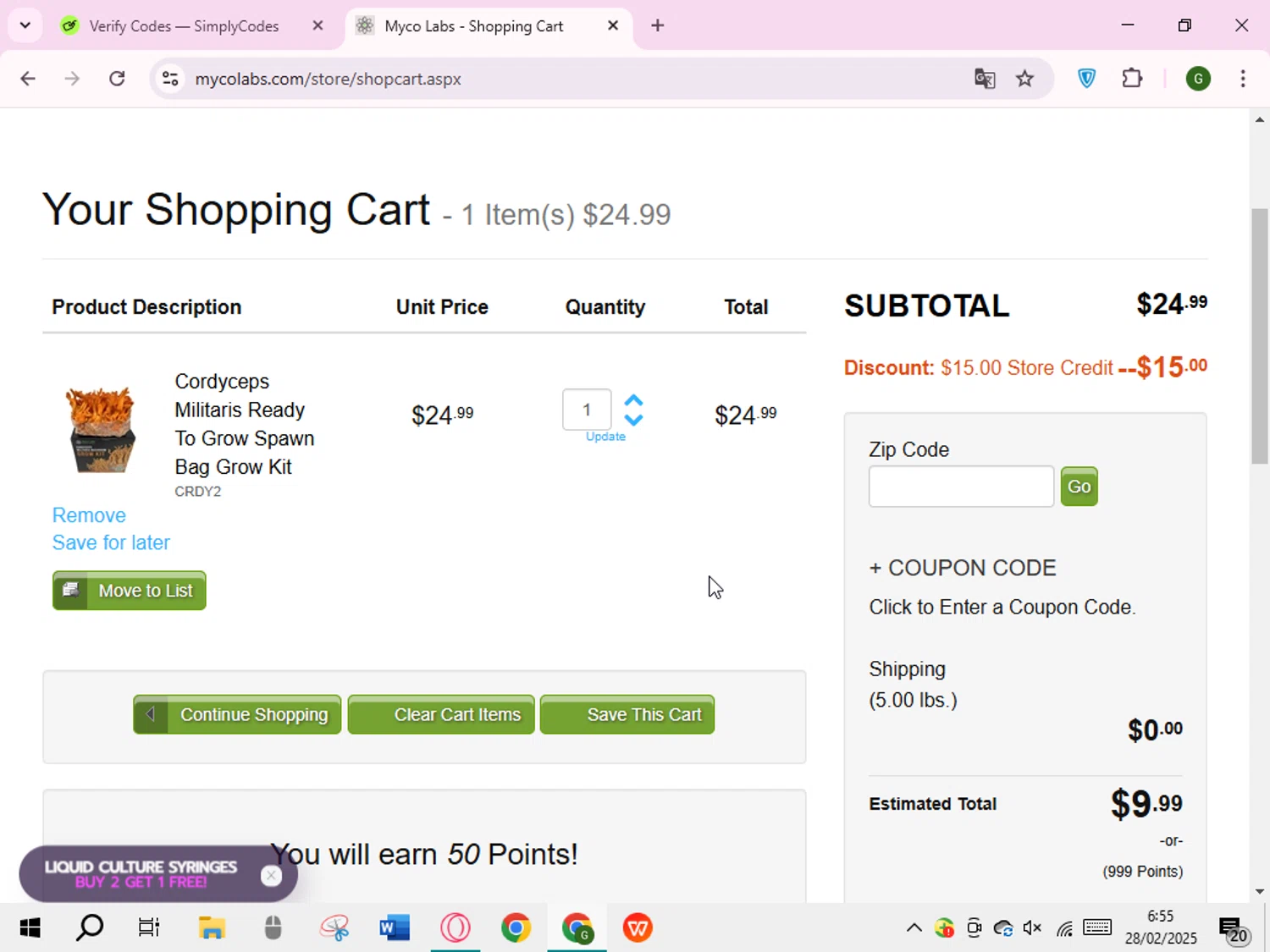 Myco Labs checkout page showing Myco Labs discount code box | Screenshot taken by SimplyCodes community member on Feb 28, 2025