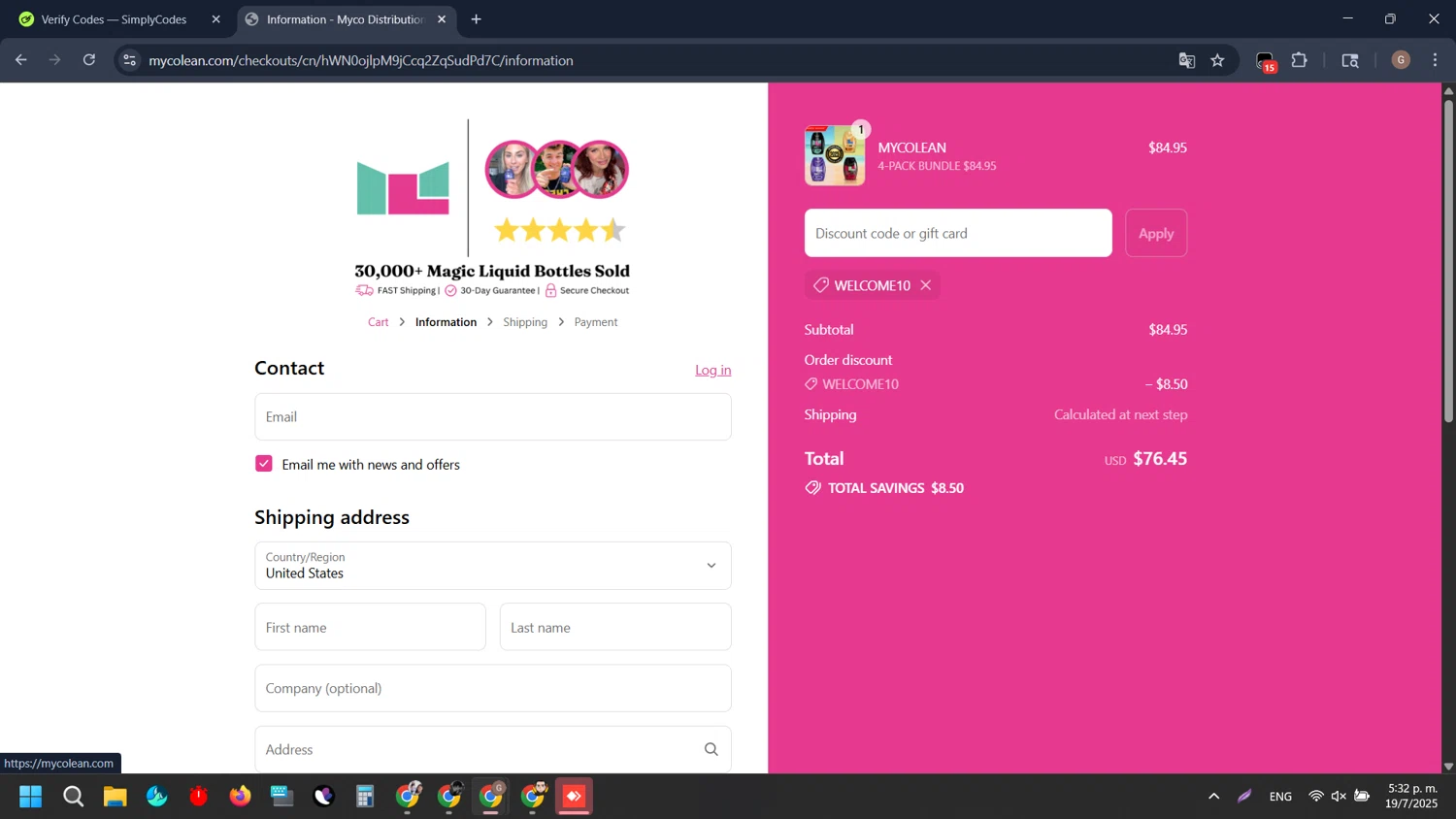Mycolean discount code screenshot showing code WELCOME10 applied at Mycolean checkout page. Uploaded by SimplyCodes community member QueTeImporta on Jul 19, 2025