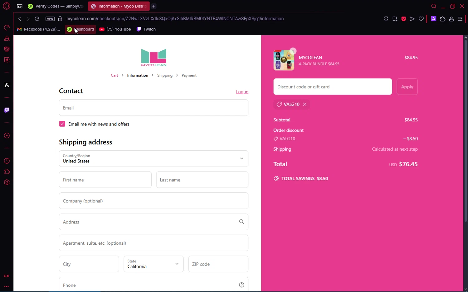 Mycolean discount code screenshot showing code VALG10 applied at Mycolean checkout page. Uploaded by SimplyCodes community member VoucherAce8469 on Jun 9, 2025