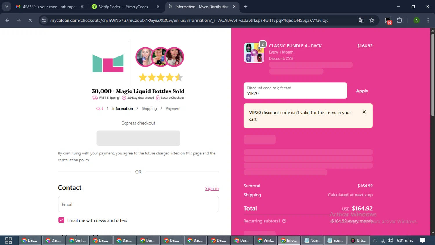 Mycolean discount code screenshot showing code VIP20 applied at Mycolean checkout page. Uploaded by SimplyCodes community member CashLynx5338 on Nov 10, 2025