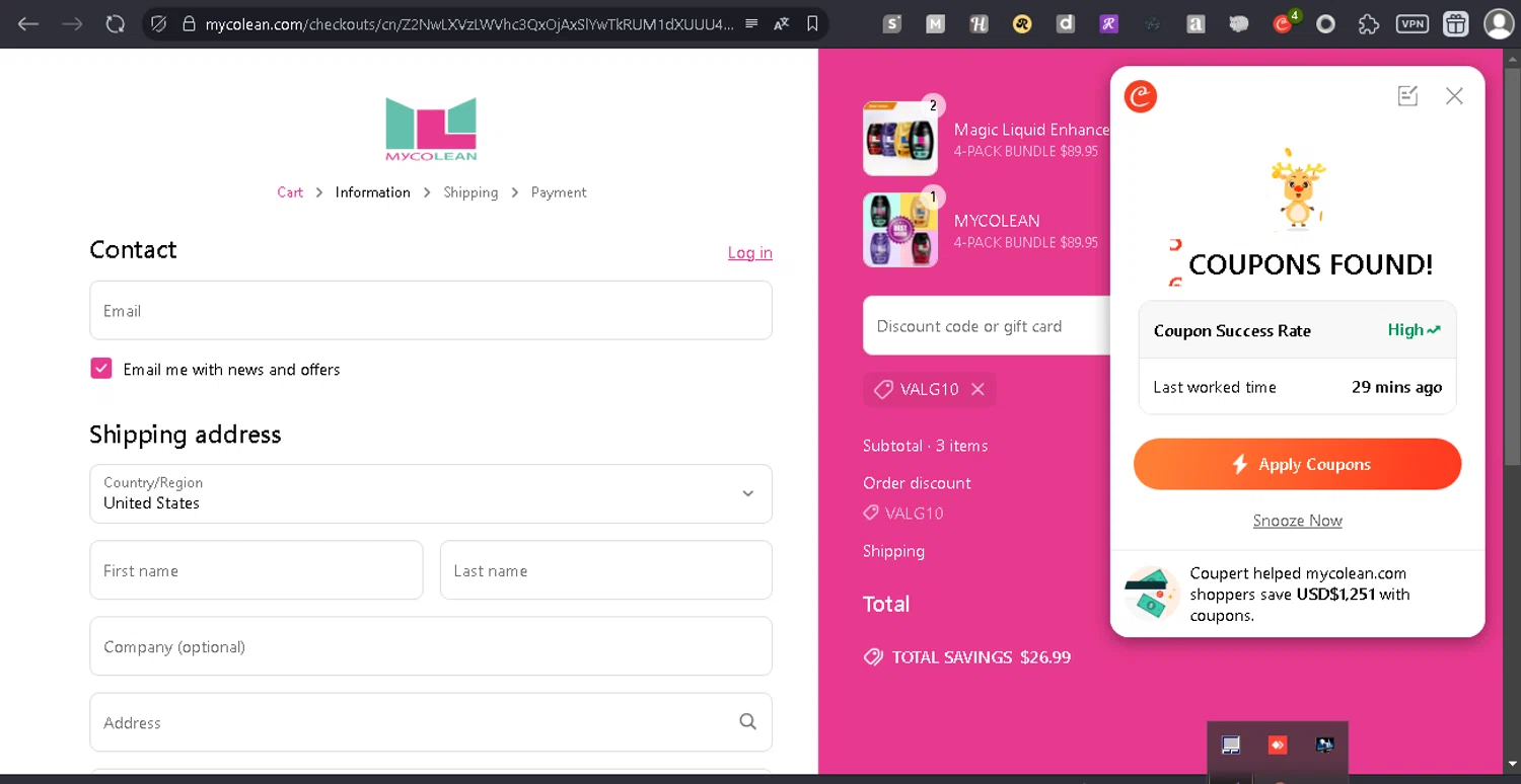 Mycolean discount code screenshot showing code VALG10 applied at Mycolean checkout page. Uploaded by SimplyCodes community member lizzyworks on May 11, 2025