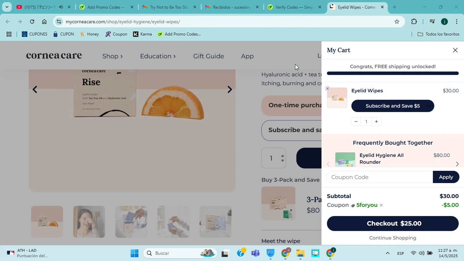CorneaCare promo code screenshot showing code 5FORYOU applied at CorneaCare checkout page. Uploaded by SimplyCodes community member jorgejavierherrera on May 14, 2025