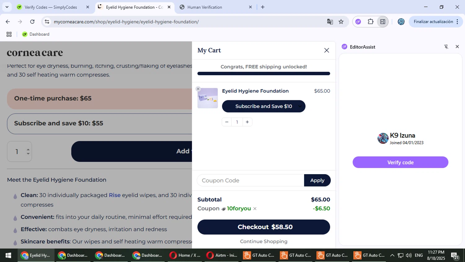 CorneaCare promo code screenshot showing code 10FORYOU applied at CorneaCare checkout page. Uploaded by SimplyCodes community member Suicune on Aug 19, 2025