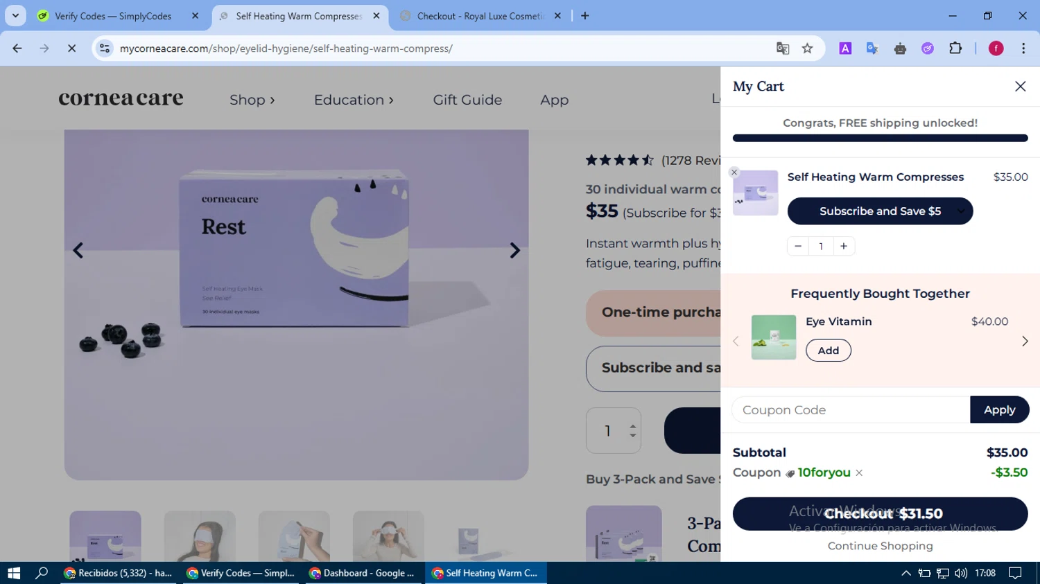 CorneaCare promo code screenshot showing code 10FORYOU applied at CorneaCare checkout page. Uploaded by SimplyCodes community member fausguillermo on May 14, 2025