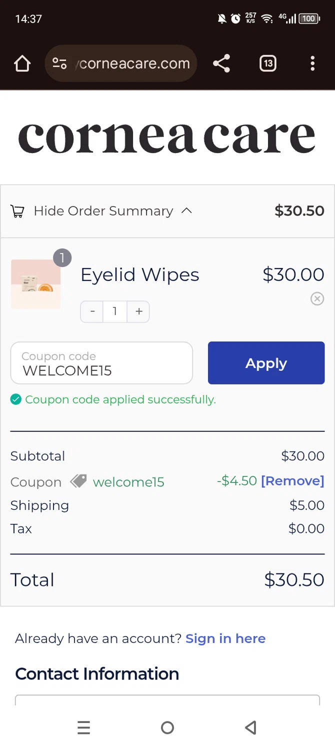 CorneaCare promo code screenshot showing code WELCOME15 applied at CorneaCare checkout page. Uploaded by SimplyCodes community member Olivatle on Jun 18, 2025