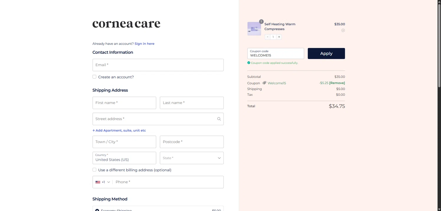 CorneaCare promo code screenshot showing code WELCOME15 applied at CorneaCare checkout page. Uploaded by SimplyCodes community member VoucherVirtuoso5207 on Jun 18, 2025
