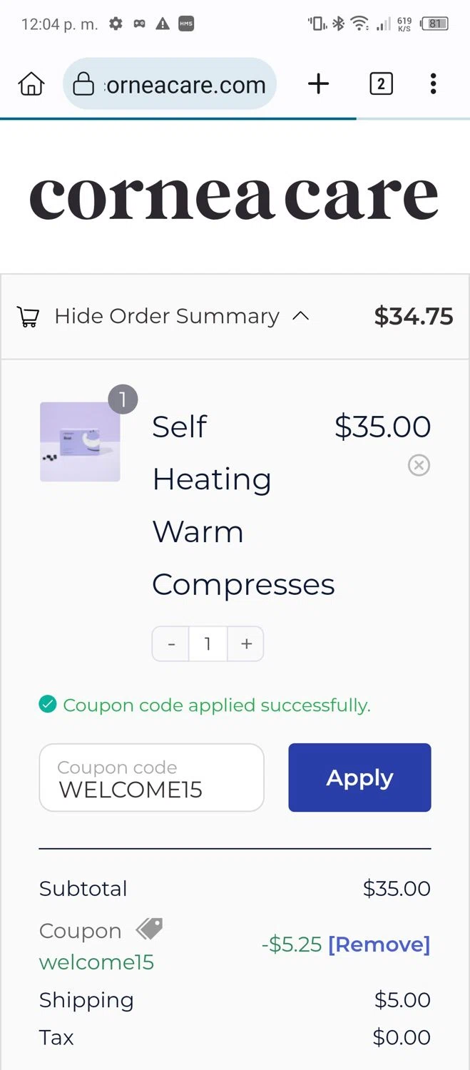 CorneaCare promo code screenshot showing code WELCOME15 applied at CorneaCare checkout page. Uploaded by SimplyCodes community member bauxita on May 21, 2025
