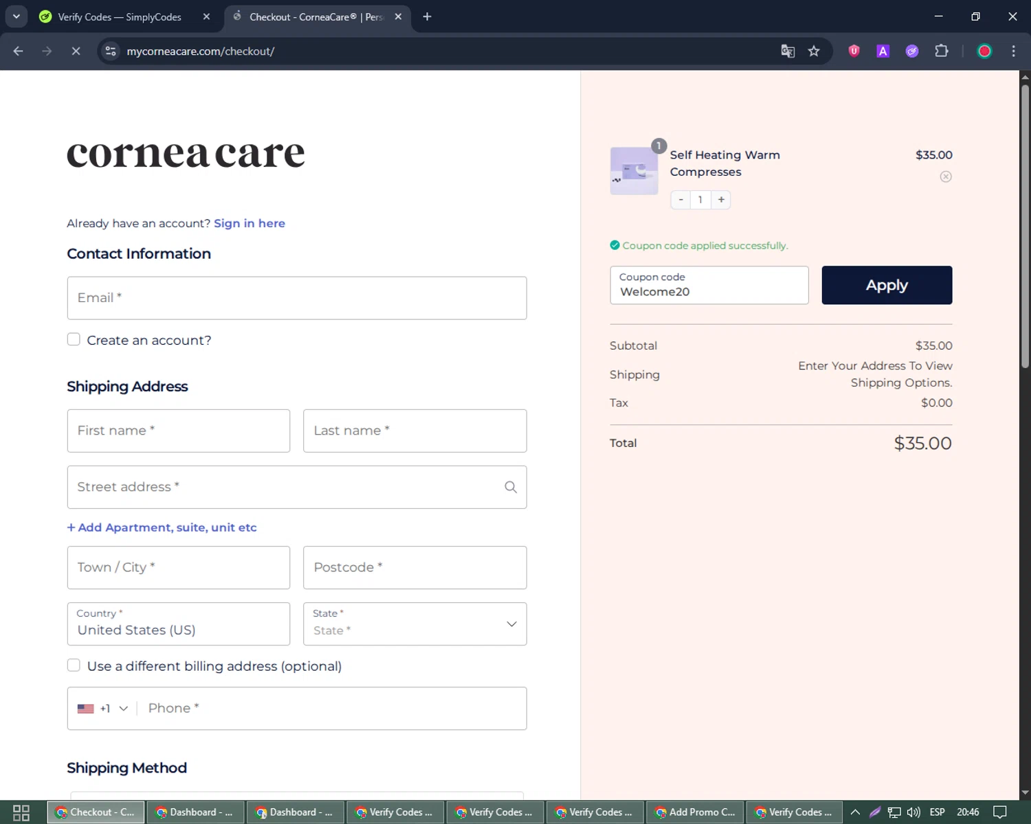 CorneaCare promo code screenshot showing code Welcome20 applied at CorneaCare checkout page. Uploaded by SimplyCodes community member Joseph_Davis on Jun 18, 2025