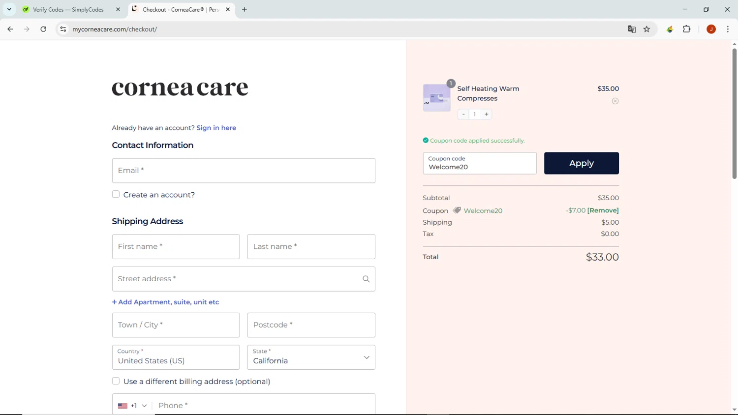 CorneaCare promo code screenshot showing code Welcome20 applied at CorneaCare checkout page. Uploaded by SimplyCodes community member NobleMaven802 on Jul 18, 2025