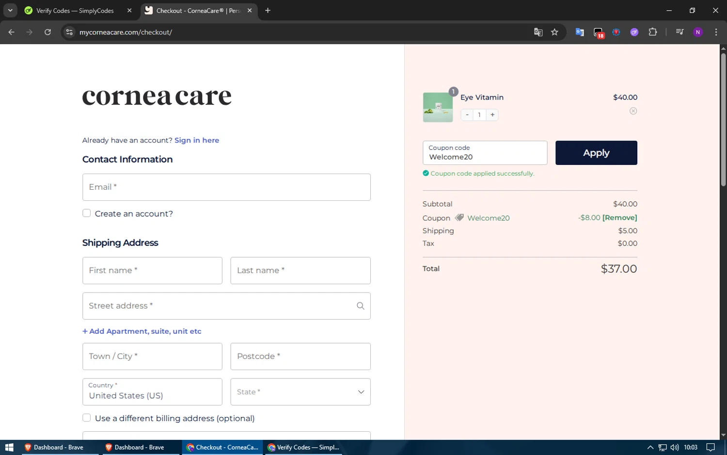 CorneaCare promo code screenshot showing code Welcome20 applied at CorneaCare checkout page. Uploaded by SimplyCodes community member usuario500 on Jul 18, 2025
