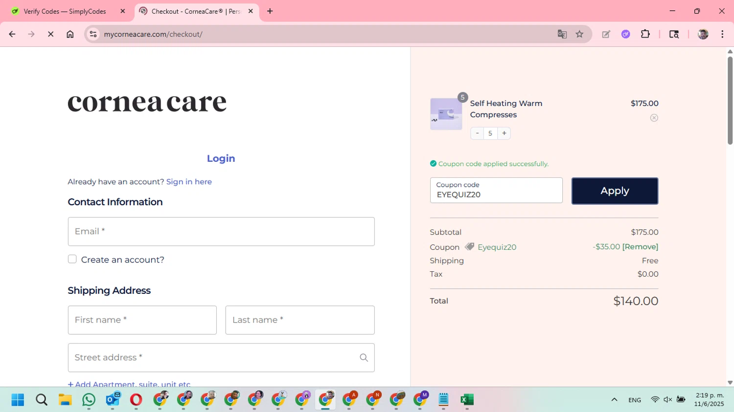 CorneaCare promo code screenshot showing code EYEQUIZ20 applied at CorneaCare checkout page. Uploaded by SimplyCodes community member DavGutFig on Jun 11, 2025