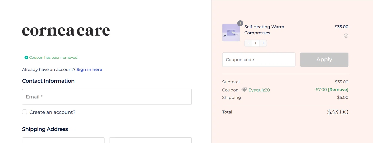 CorneaCare checkout page showing CorneaCare promo code box | Screenshot taken by SimplyCodes community member on Jan 2, 2026