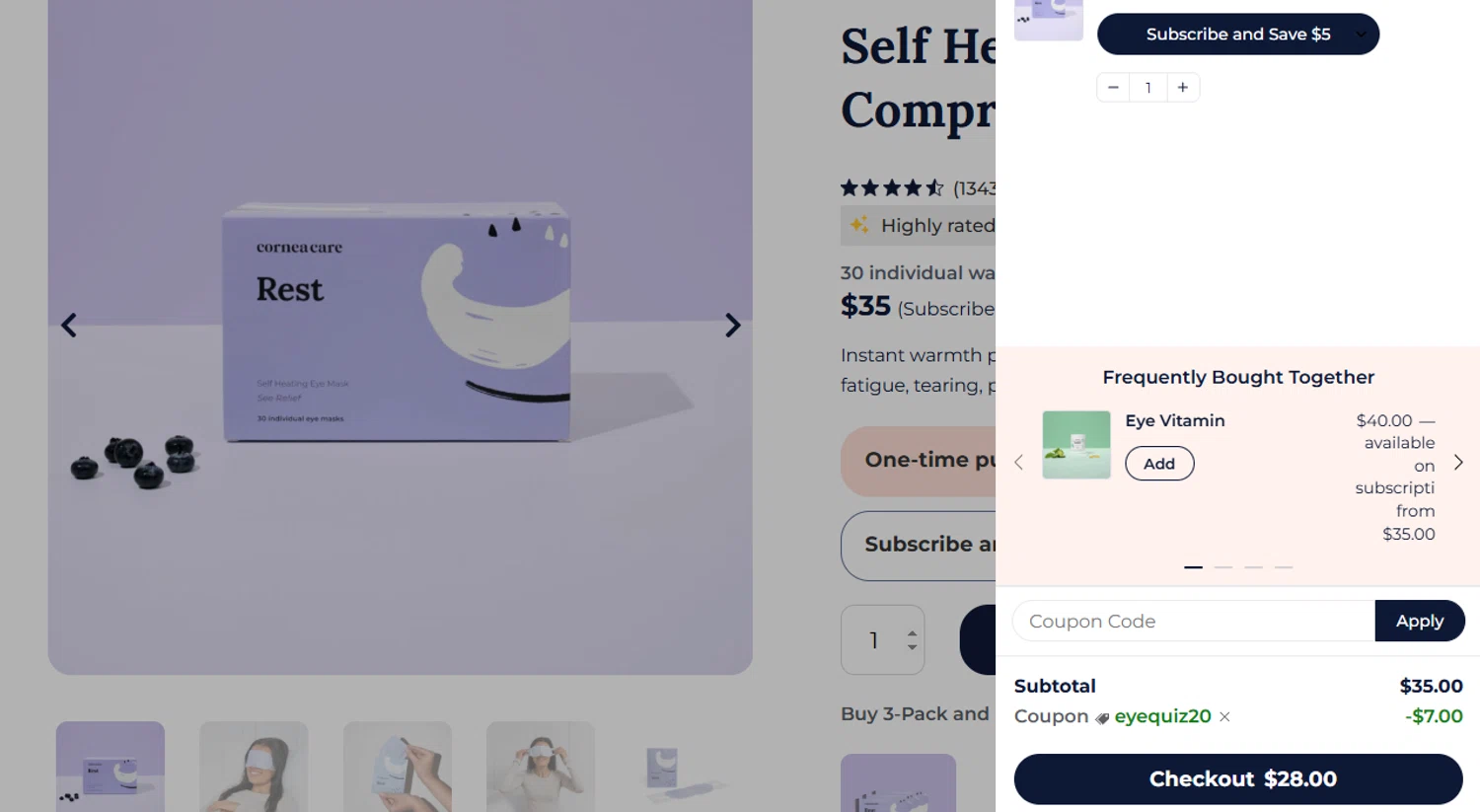 CorneaCare promo code screenshot showing code EYEQUIZ20 applied at CorneaCare checkout page. Uploaded by SimplyCodes community member ShieldTitan9442 on Jun 18, 2025