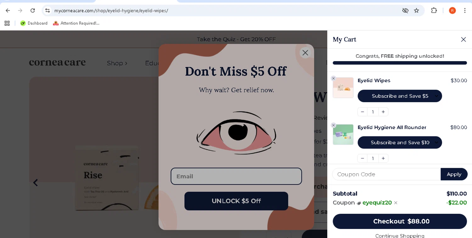 CorneaCare promo code screenshot showing code EYEQUIZ20 applied at CorneaCare checkout page. Uploaded by SimplyCodes community member rodolfocaraballo on Aug 16, 2025