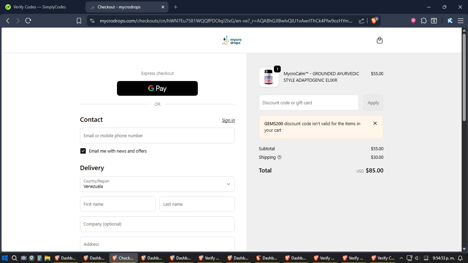 mycrodrops promo code screenshot showing code GEMS200 applied at mycrodrops checkout page. Uploaded by SimplyCodes community member Jgomez on Jan 5, 2026