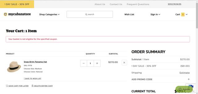 MyCubanStore.com checkout page showing MyCubanStore.com coupon code box | Screenshot taken by SimplyCodes community member on Mar 19, 2025