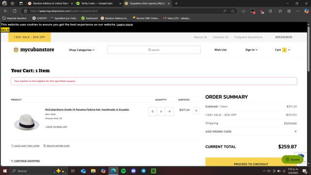 MyCubanStore.com checkout page showing MyCubanStore.com coupon code box | Screenshot taken by SimplyCodes community member on Apr 5, 2025