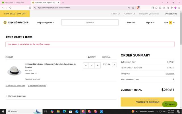 MyCubanStore.com checkout page showing MyCubanStore.com coupon code box | Screenshot taken by SimplyCodes community member on Mar 19, 2025