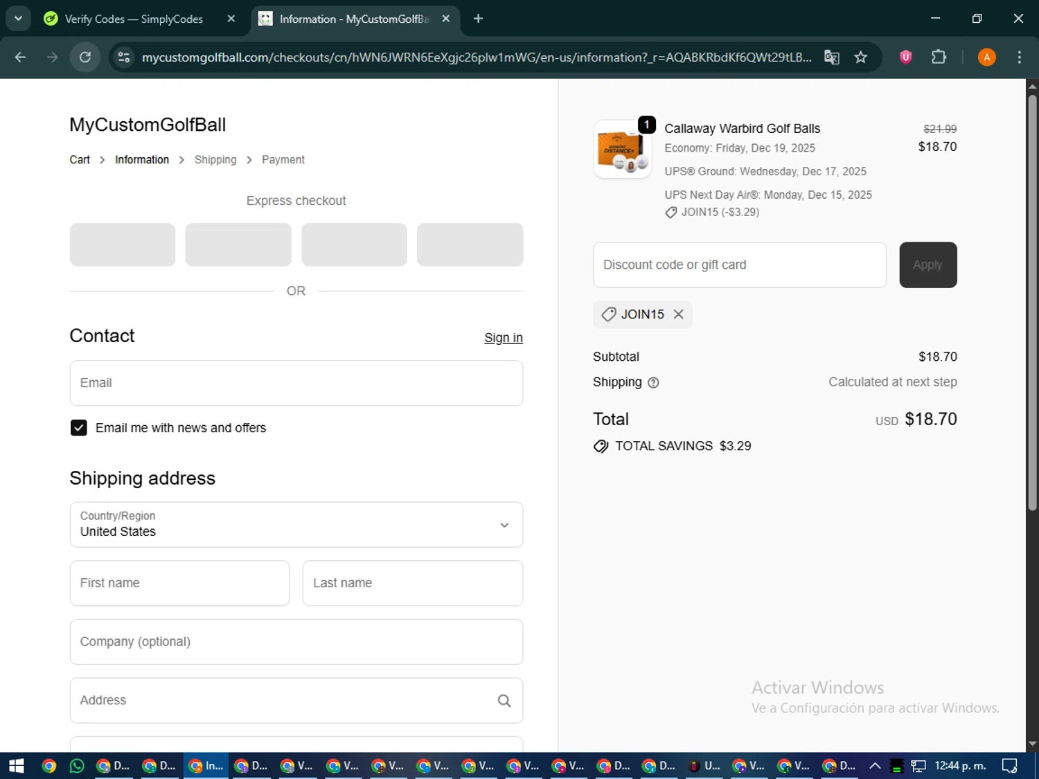 MyCustomGolfBall discount code screenshot showing code JOIN15 applied at MyCustomGolfBall checkout page. Uploaded by SimplyCodes community member MoneyPhoenix4664 on Dec 11, 2025
