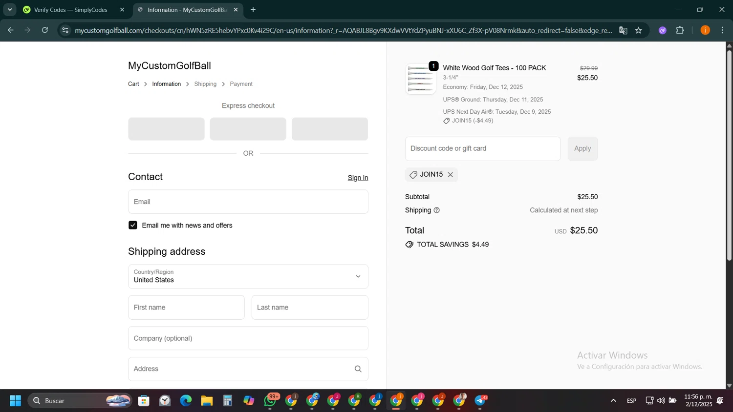 MyCustomGolfBall discount code screenshot showing code JOIN15 applied at MyCustomGolfBall checkout page. Uploaded by SimplyCodes community member SilverSentinel5952 on Dec 3, 2025