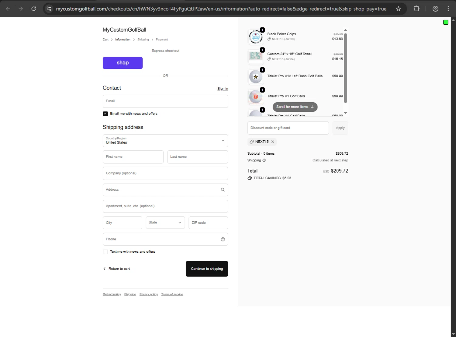 MyCustomGolfBall discount code screenshot showing code NEXT15 applied at MyCustomGolfBall checkout page. Uploaded by SimplyCodes community member kaiserser on Oct 11, 2025