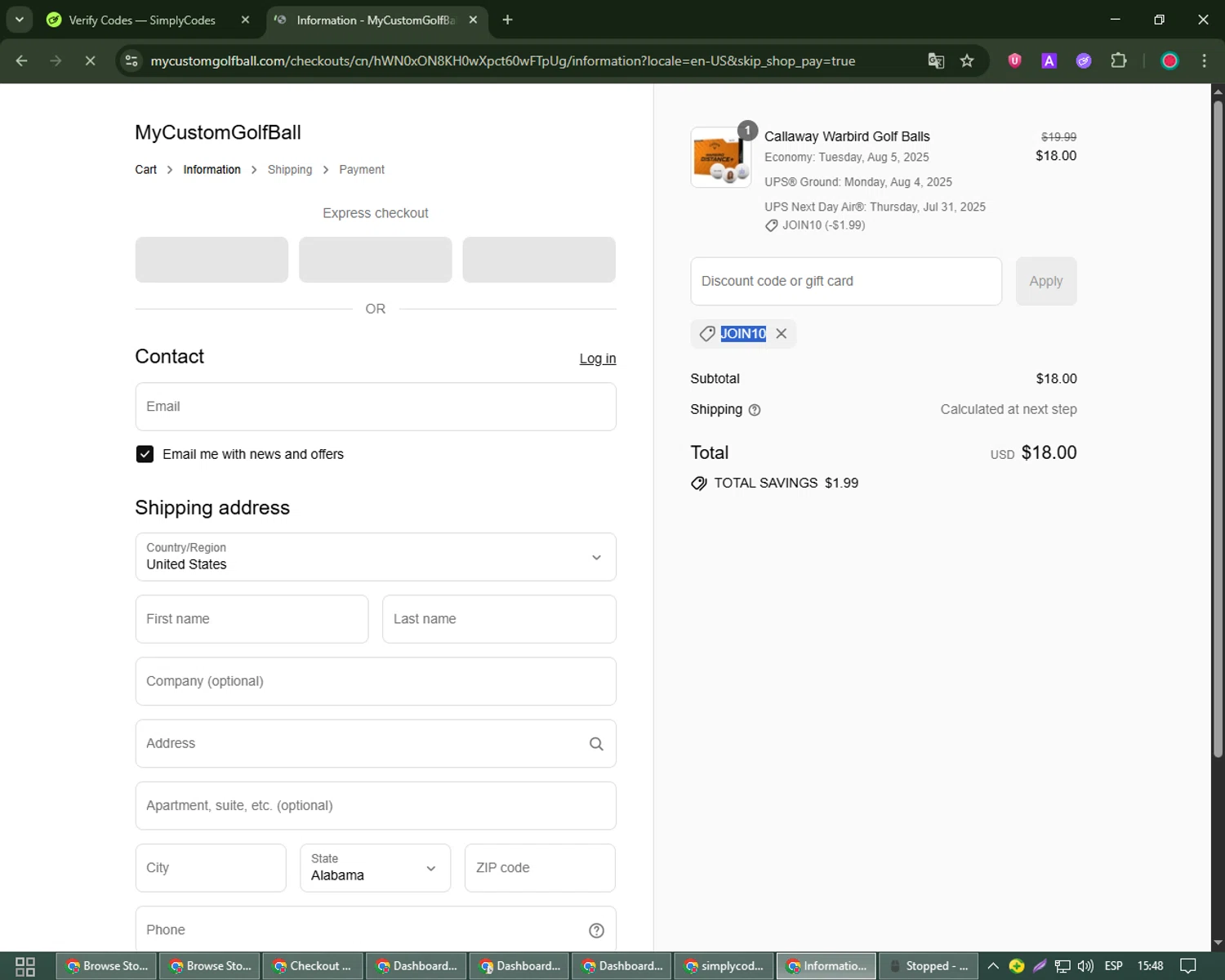 MyCustomGolfBall discount code screenshot showing code JOIN10 applied at MyCustomGolfBall checkout page. Uploaded by SimplyCodes community member Robert_Williams on Jul 23, 2025