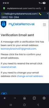 MyDataRemoval coupon verification screenshot