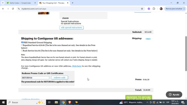 myDaVinci.com checkout page showing myDaVinci.com promo code box | Screenshot taken by SimplyCodes community member on Jun 20, 2025