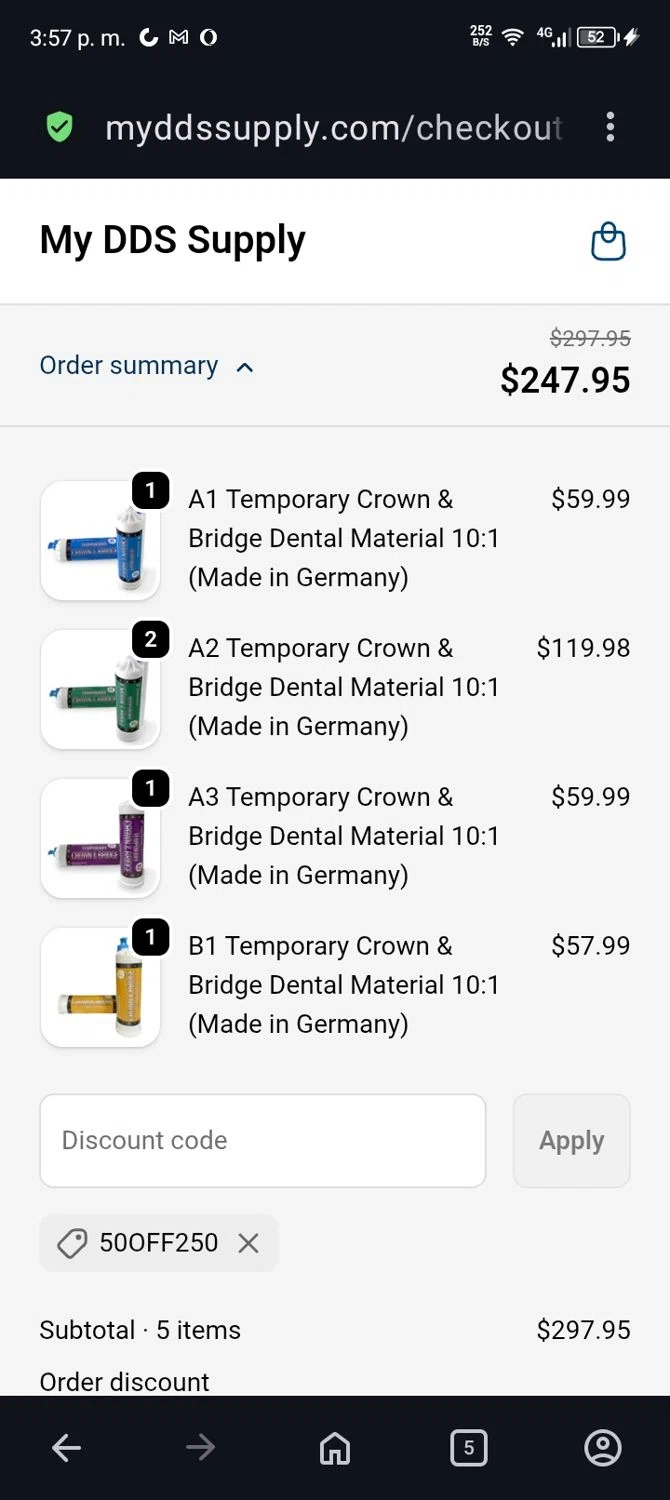 My DDS Supply promo code screenshot showing code 50OFF250 applied at My DDS Supply checkout page. Uploaded by SimplyCodes community member terricameron on Feb 17, 2026