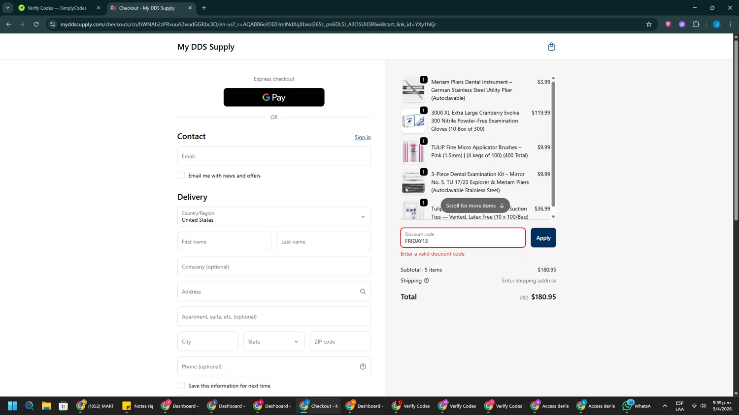 My DDS Supply promo code screenshot showing code FRIDAY13 applied at My DDS Supply checkout page. Uploaded by SimplyCodes community member BargainGuardian280 on Apr 6, 2026