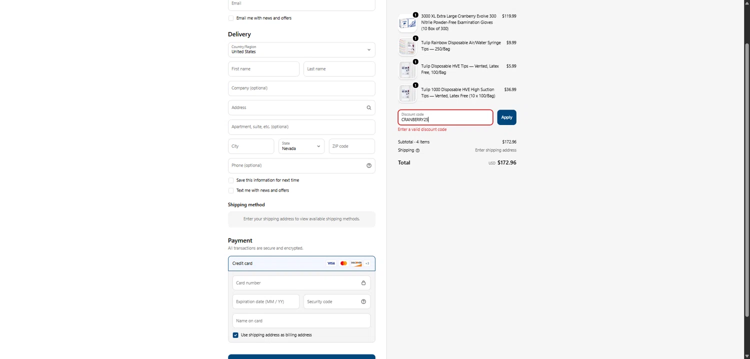 My DDS Supply promo code screenshot showing code CRANBERRY25 applied at My DDS Supply checkout page. Uploaded by SimplyCodes community member SwiftHunter5737 on Apr 6, 2026