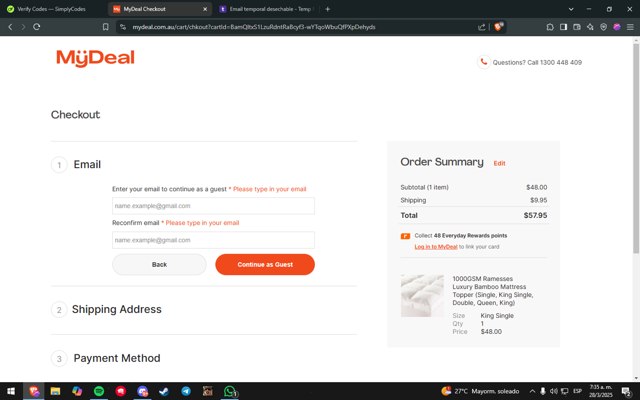 MyDeal checkout page showing MyDeal promo code box | Screenshot taken by SimplyCodes community member on Mar 28, 2025