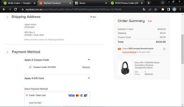 MyDeal checkout page showing MyDeal promo code box | Screenshot taken by SimplyCodes community member on Mar 18, 2025