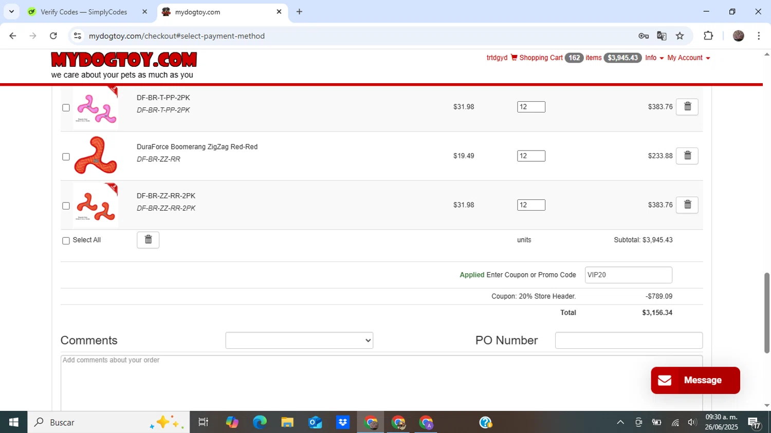 MyDogToy.com promo code screenshot showing code VIP20 applied at MyDogToy.com checkout page. Uploaded by SimplyCodes community member BonusEagle6359 on Jun 26, 2025