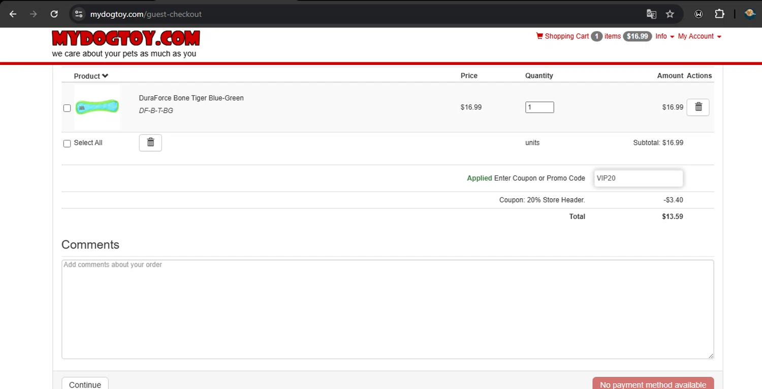 MyDogToy.com promo code screenshot showing code VIP20 applied at MyDogToy.com checkout page. Uploaded by SimplyCodes community member RoyalSpotter5217 on May 15, 2025