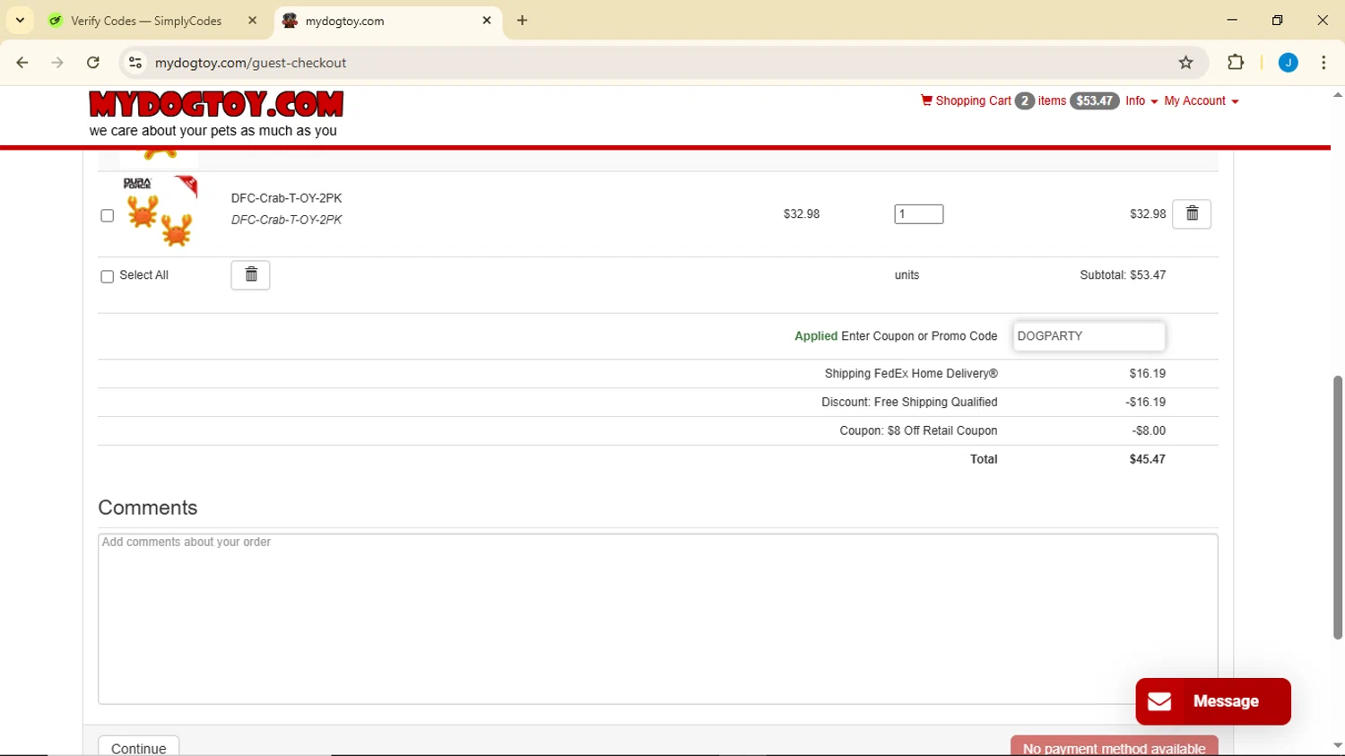 MyDogToy.com promo code screenshot showing code DOGPARTY applied at MyDogToy.com checkout page. Uploaded by SimplyCodes community member Luisitoxd12 on Jun 26, 2025