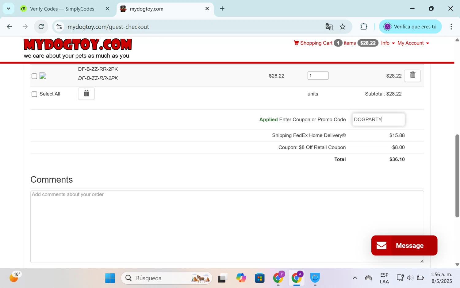 MyDogToy.com checkout page showing MyDogToy.com promo code box | Screenshot taken by SimplyCodes community member on May 8, 2025