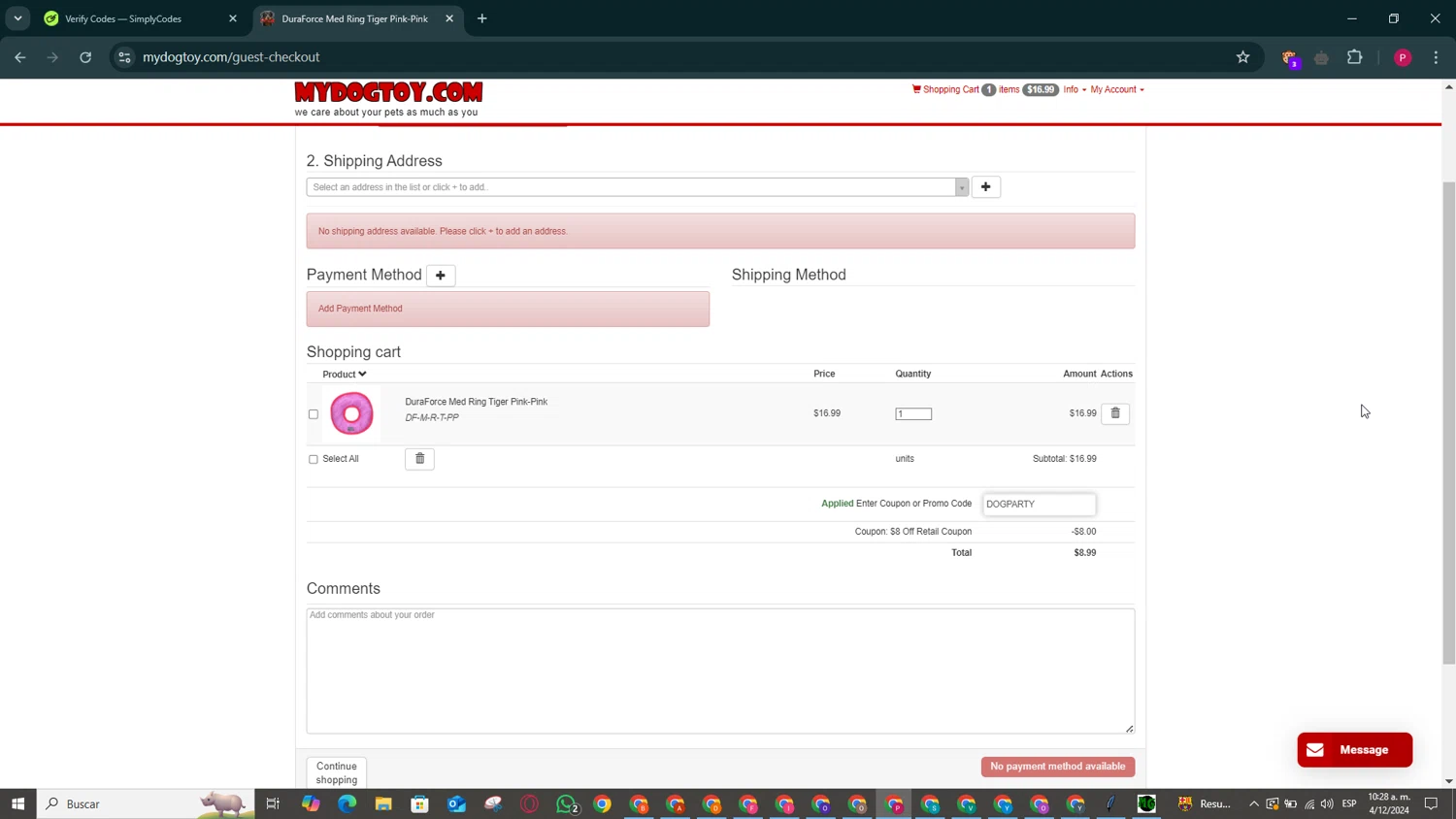 MyDogToy.com checkout page showing MyDogToy.com promo code box | Screenshot taken by SimplyCodes community member on Dec 4, 2024
