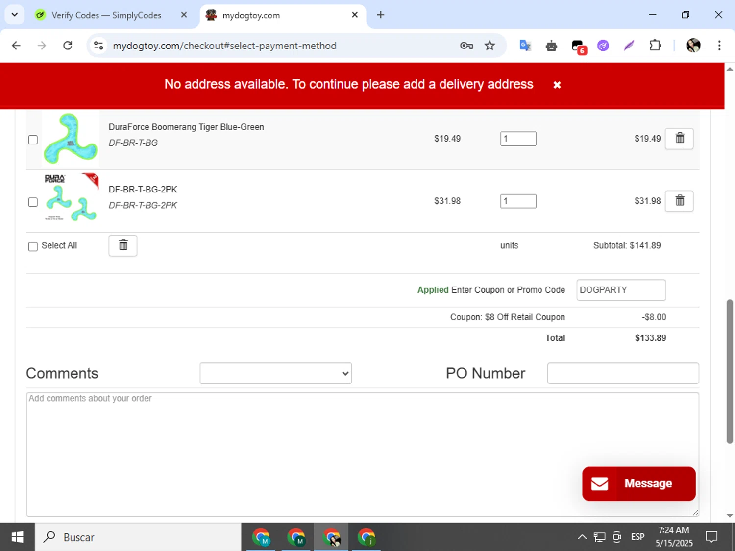 MyDogToy.com promo code screenshot showing code DOGPARTY applied at MyDogToy.com checkout page. Uploaded by SimplyCodes community member mariapolancog on May 15, 2025