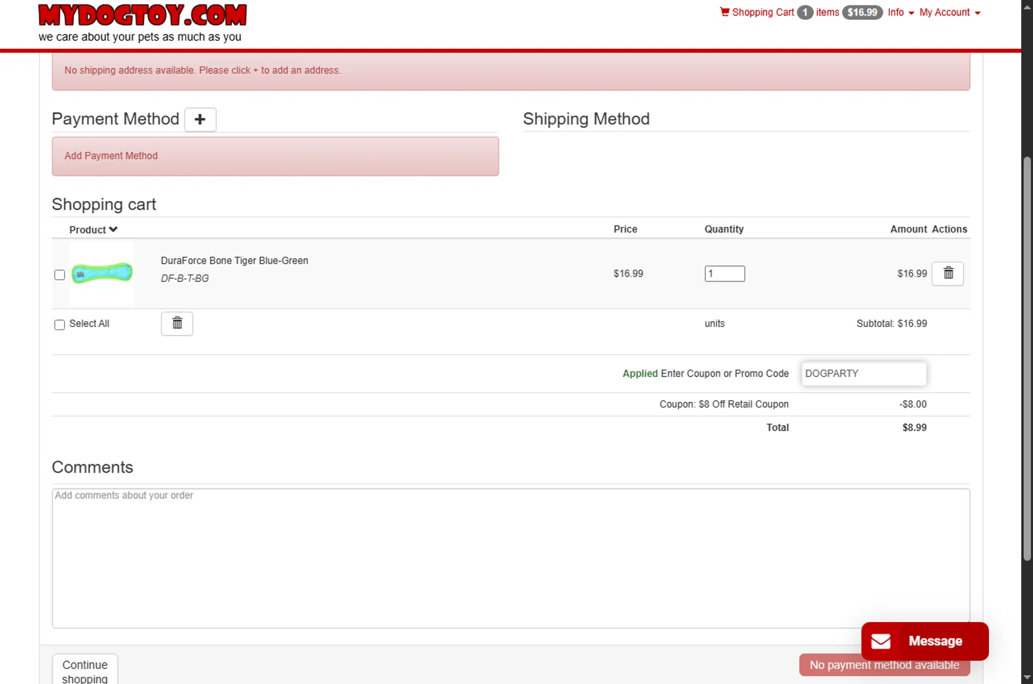 MyDogToy.com promo code screenshot showing code DOGPARTY applied at MyDogToy.com checkout page. Uploaded by SimplyCodes community member tony2702 on Jun 12, 2025
