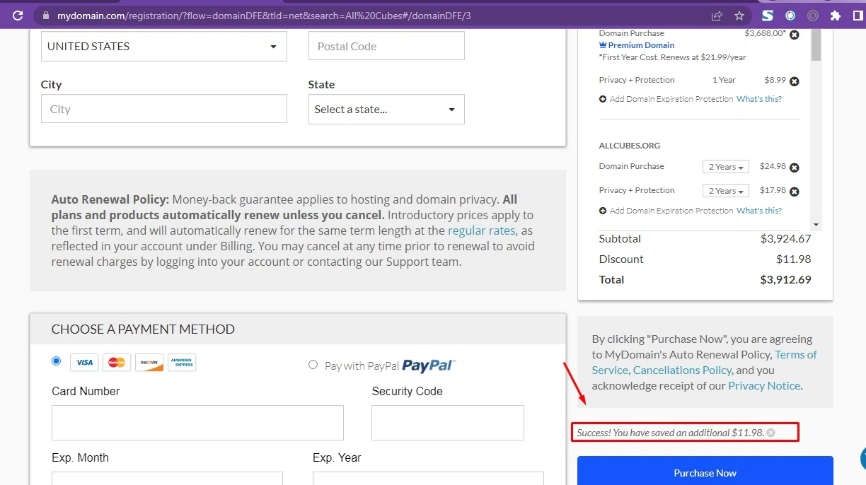 MyDomain checkout page showing MyDomain promo code box | Screenshot taken by SimplyCodes community member on Jul 7, 2023