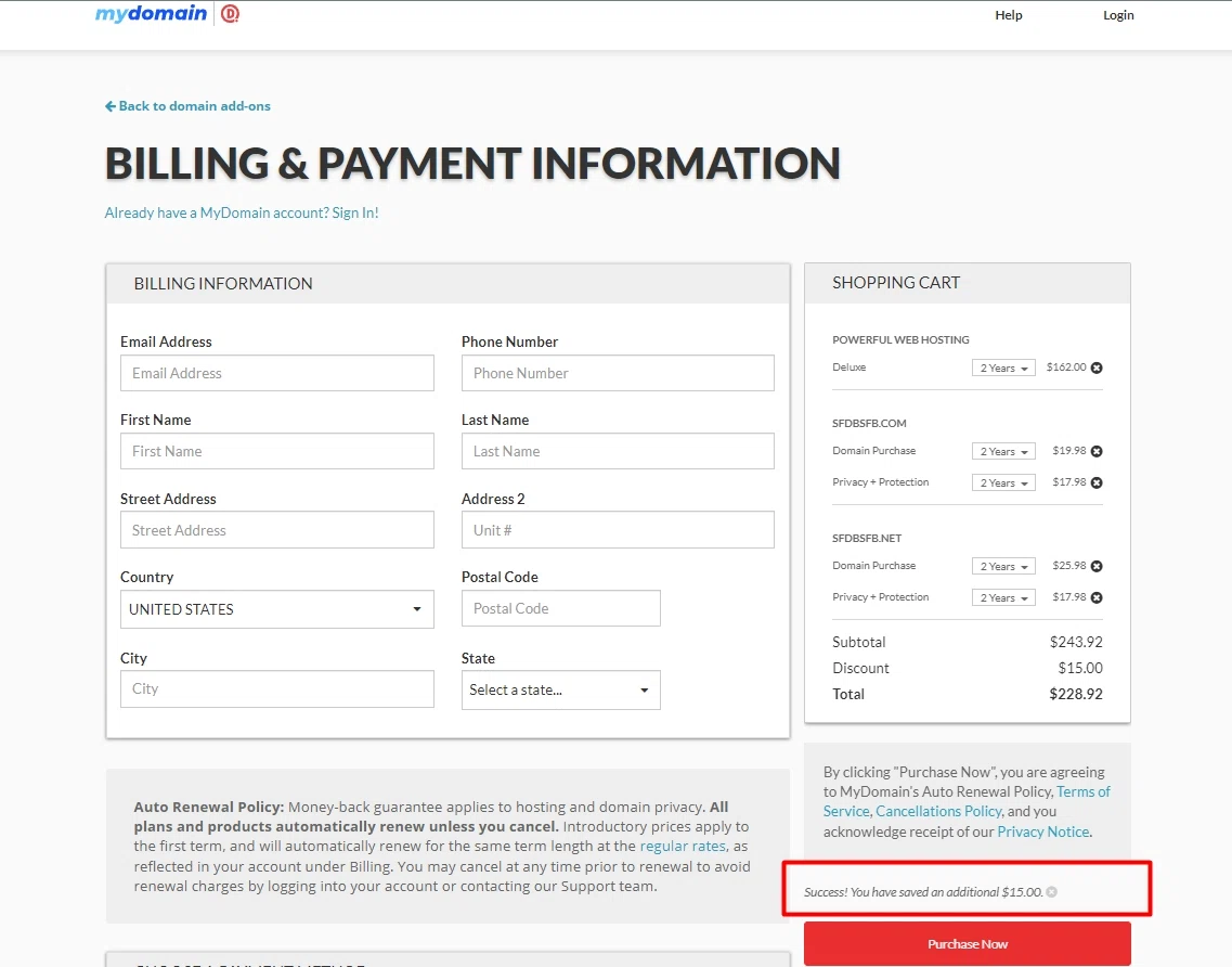MyDomain checkout page showing MyDomain promo code box | Screenshot taken by SimplyCodes community member on Jan 31, 2022
